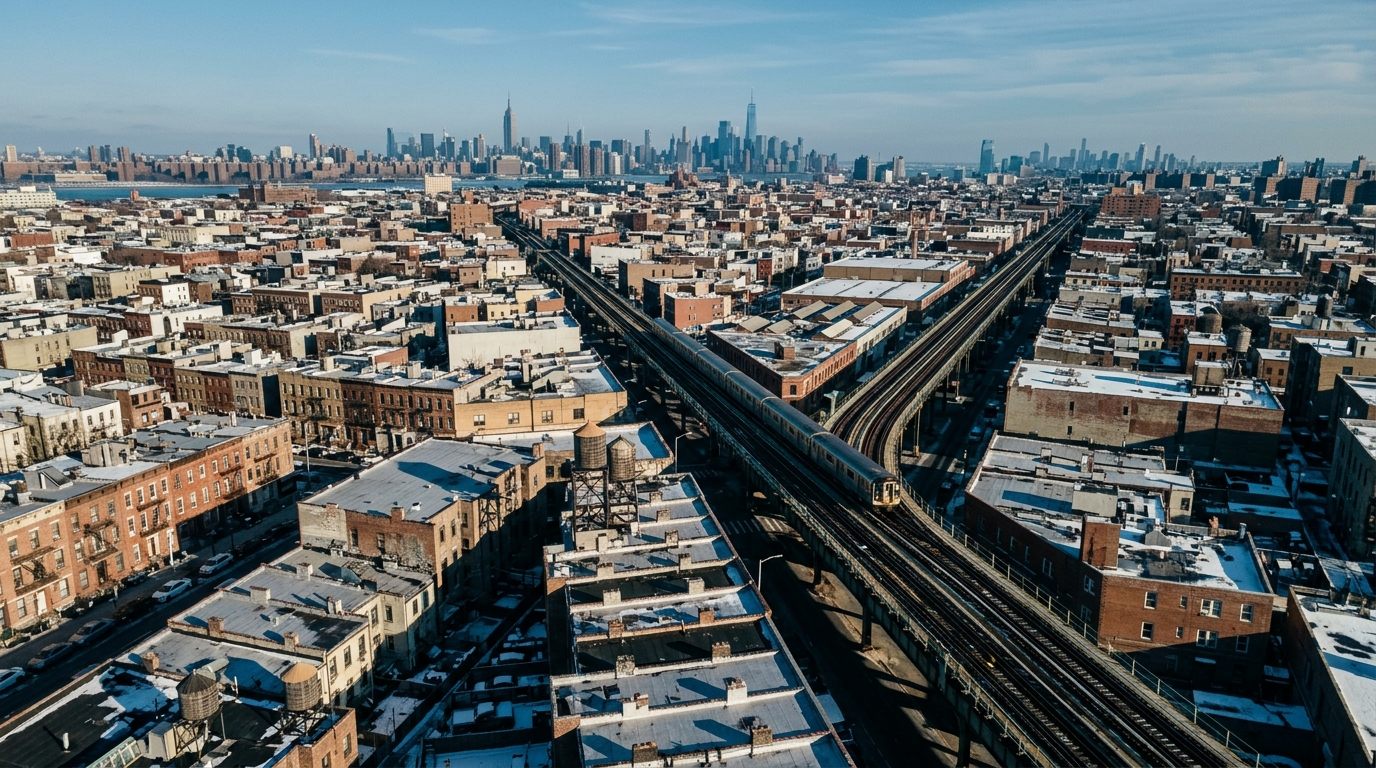 Bushwick rooftops from above with the elevated train cutting across and Manhattan on the horizon